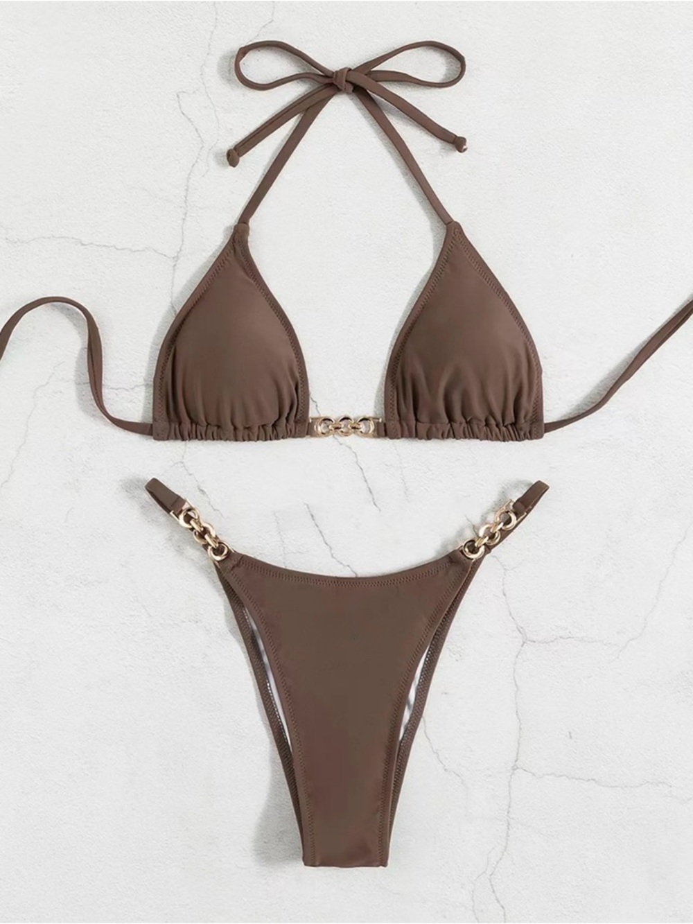 SHEIN Brown Chain-Accent Triangle Bikini